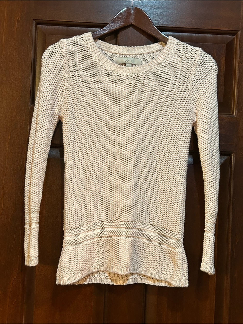 LOFT 100% Cotton Open Knit Crewneck Sweater Pale Ballet Pink XS Textured